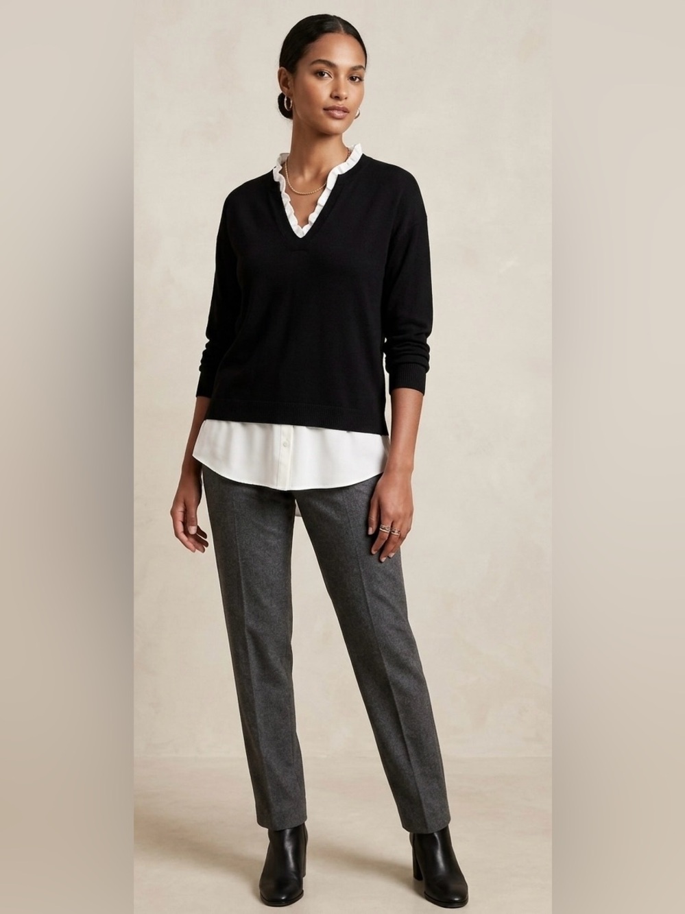 PINCH Black V-Neck Layered Sweater Top with Ruffle Trim Size Medium